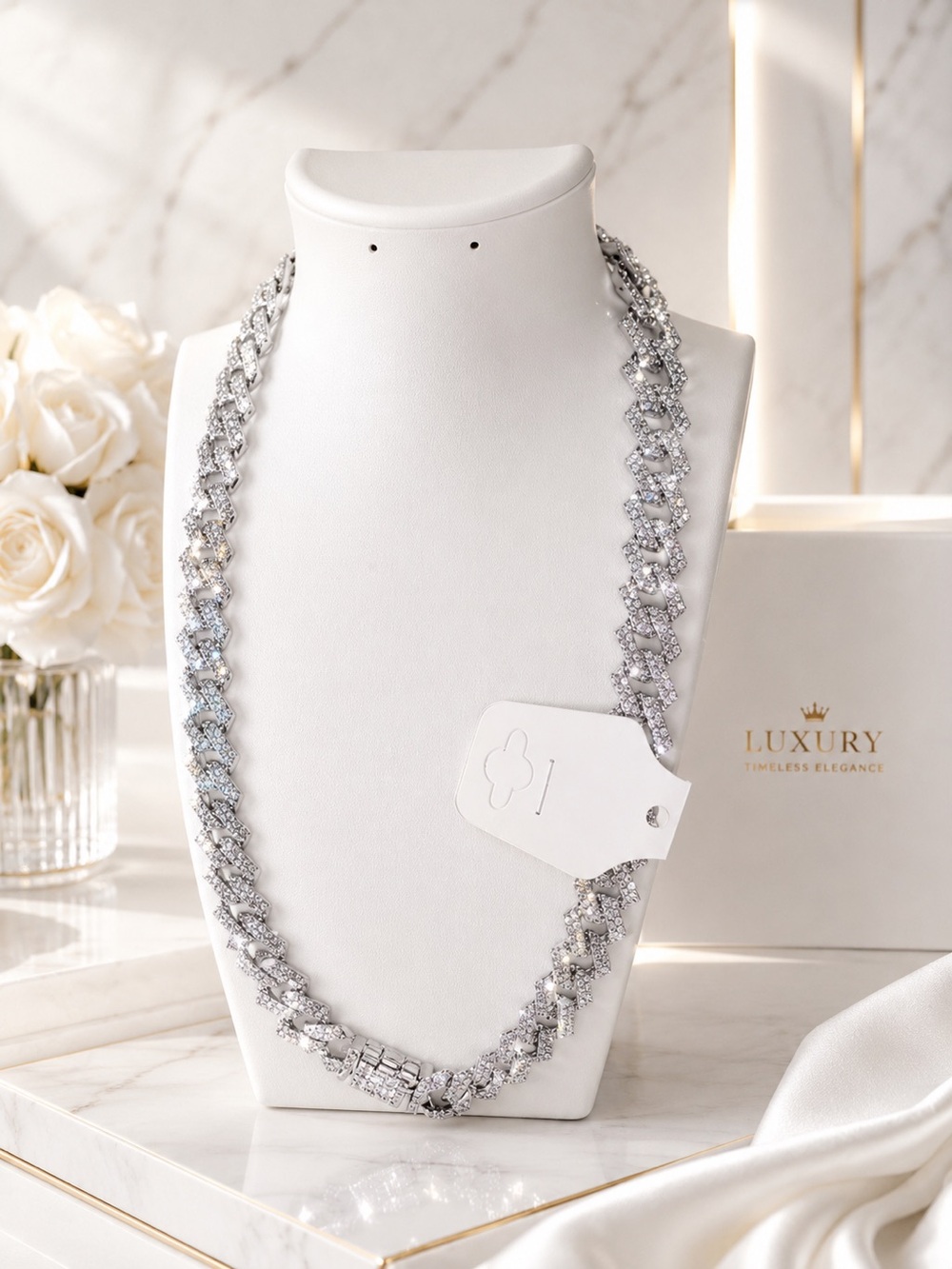 Men's Silver-Tone Cubic Zirconia Pave Cuban Chain Necklace - Luxury Bundle